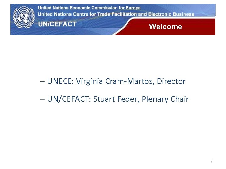 UN Economic Commission for Europe Welcome - UNECE: Virginia Cram-Martos, Director - UN/CEFACT: Stuart