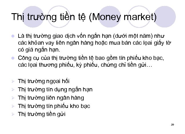 Thị trường tiền tệ (Money market) Là thị trường giao dịch vốn ngắn hạn