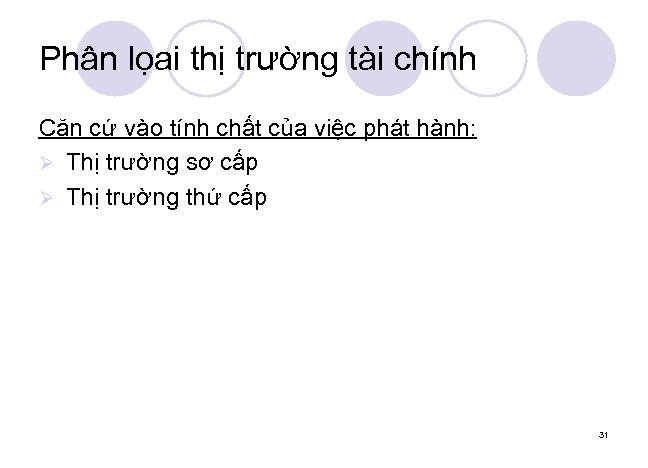 Phân lọai thị trường tài chính Căn cứ vào tính chất của việc phát