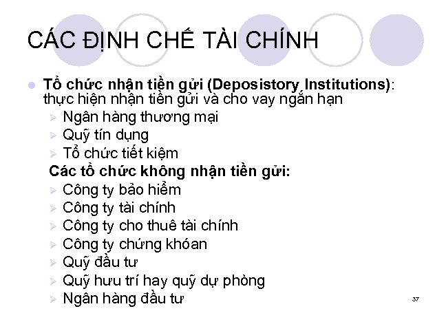 CÁC ĐỊNH CHẾ TÀI CHÍNH l Tổ chức nhận tiền gửi (Deposistory Institutions): thực