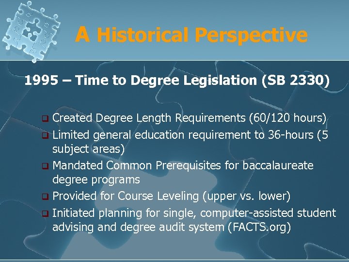 A Historical Perspective 1995 – Time to Degree Legislation (SB 2330) Created Degree Length