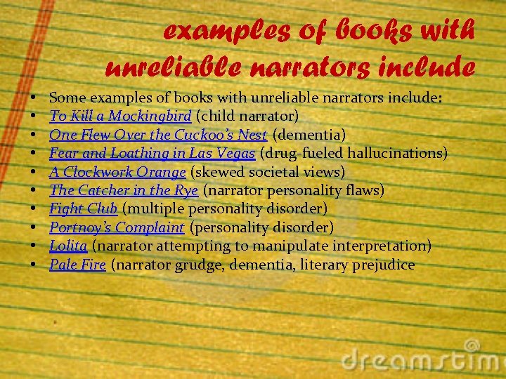 examples of books with unreliable narrators include • • • Some examples of books