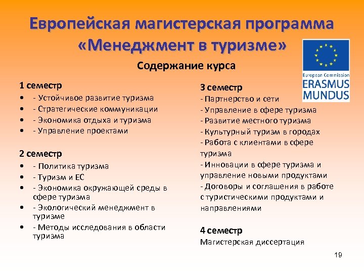 Европейская магистерская программа «Менеджмент в туризме» Содержание курса 1 семестр • - Устойчивое развитие