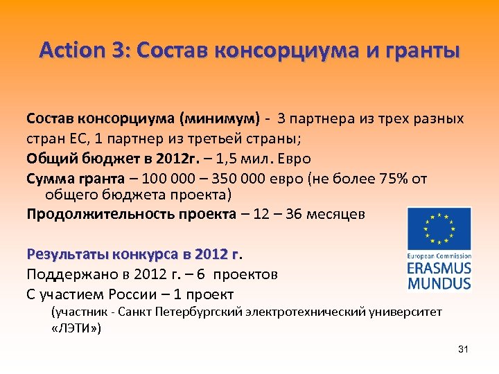 Action 3: Состав консорциума и гранты Состав консорциума (минимум) - 3 партнера из трех
