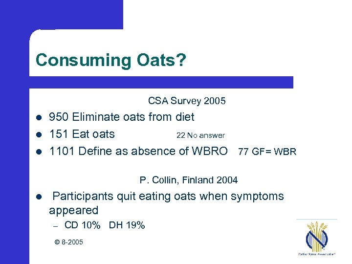 Consuming Oats? CSA Survey 2005 l l l 950 Eliminate oats from diet 151