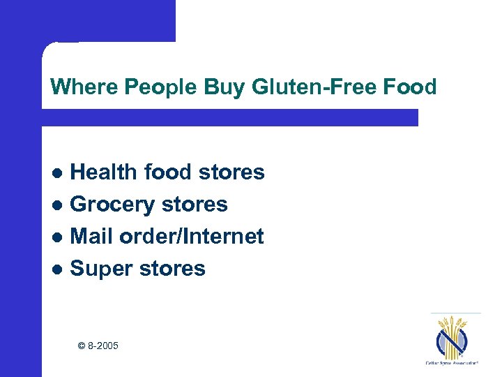 Where People Buy Gluten-Free Food Health food stores l Grocery stores l Mail order/Internet