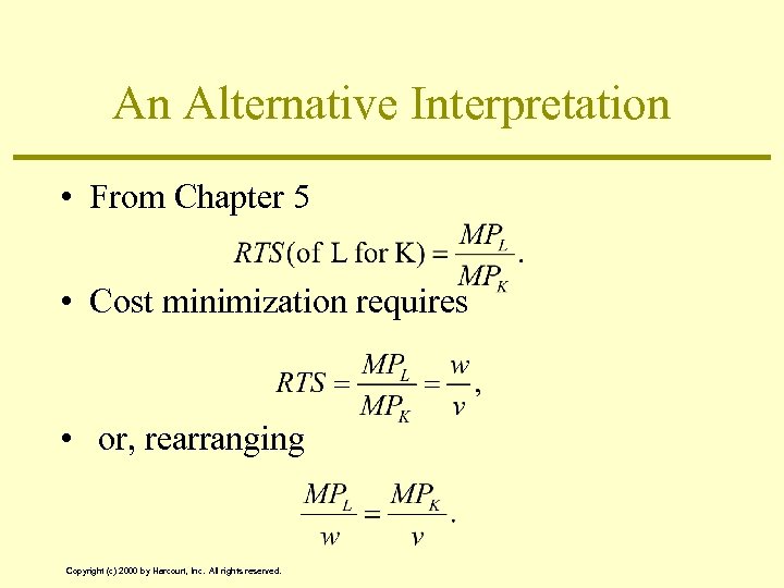An Alternative Interpretation • From Chapter 5 • Cost minimization requires • or, rearranging
