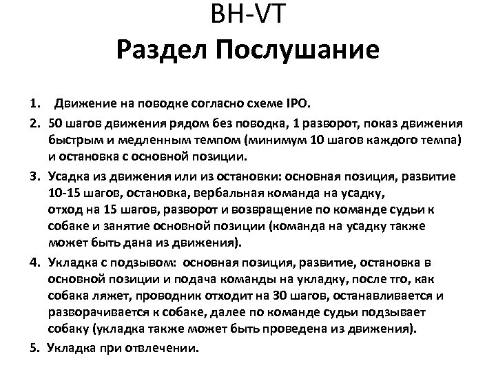BH-VT Раздел Послушание 1. Движение на поводке согласно схеме IPO. 2. 50 шагов движения