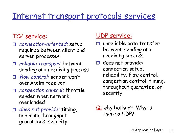 Internet transport protocols services TCP service: r connection-oriented: setup r r required between client