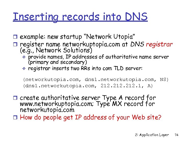 Inserting records into DNS r example: new startup “Network Utopia” r register name networkuptopia.
