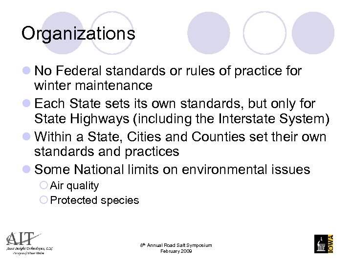 Organizations l No Federal standards or rules of practice for winter maintenance l Each