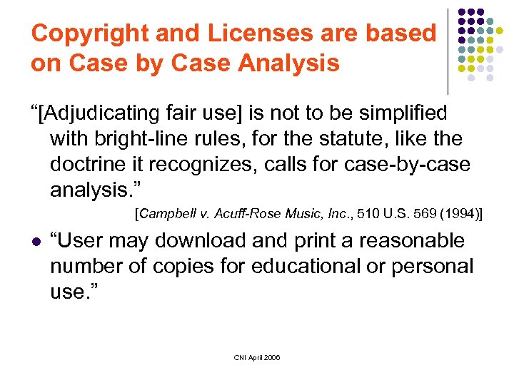 Copyright and Licenses are based on Case by Case Analysis “[Adjudicating fair use] is