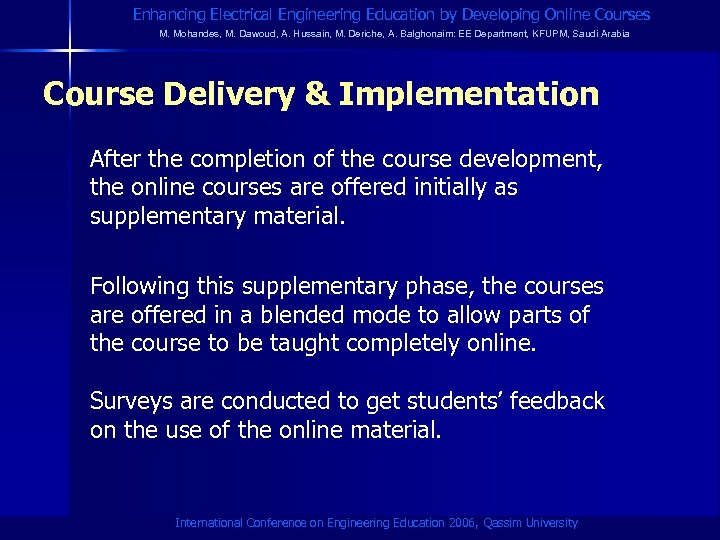 Enhancing Electrical Engineering Education by Developing Online Courses M. Mohandes, M. Dawoud, A. Hussain,