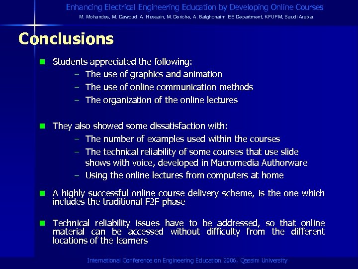 Enhancing Electrical Engineering Education by Developing Online Courses M. Mohandes, M. Dawoud, A. Hussain,