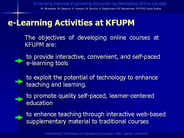 Enhancing Electrical Engineering Education by Developing Online Courses M. Mohandes, M. Dawoud, A. Hussain,