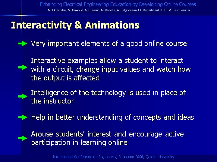 Enhancing Electrical Engineering Education by Developing Online Courses M. Mohandes, M. Dawoud, A. Hussain,