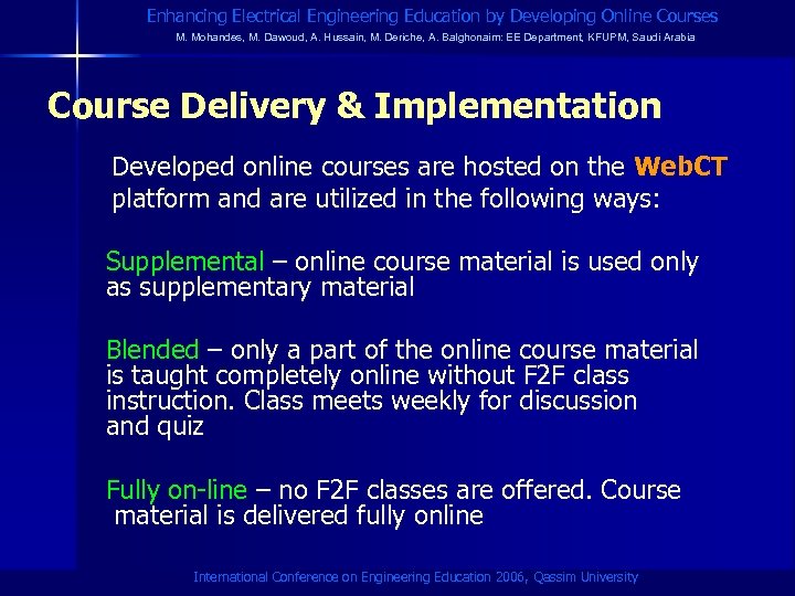 Enhancing Electrical Engineering Education by Developing Online Courses M. Mohandes, M. Dawoud, A. Hussain,