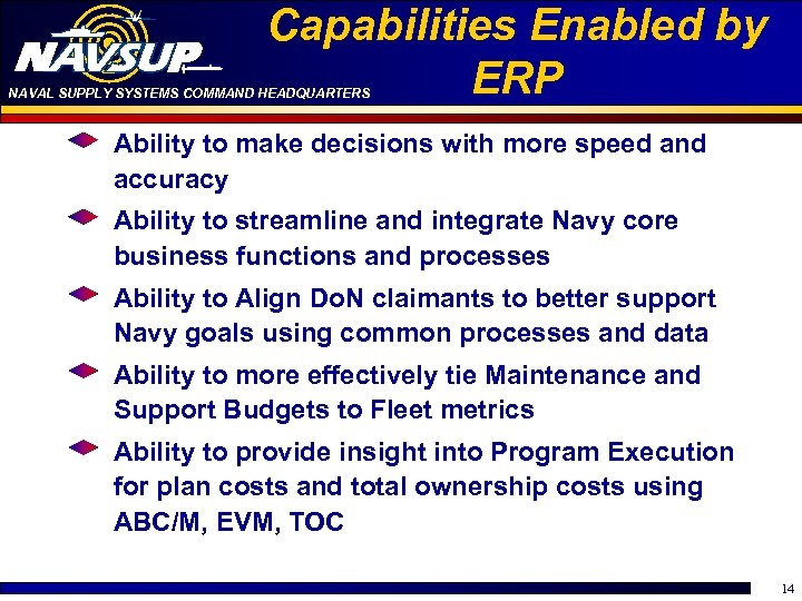 Capabilities Enabled by ERP NAVAL SUPPLY SYSTEMS COMMAND HEADQUARTERS Ability to make decisions with