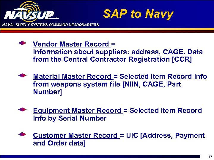 SAP to Navy NAVAL SUPPLY SYSTEMS COMMAND HEADQUARTERS Vendor Master Record = Information about