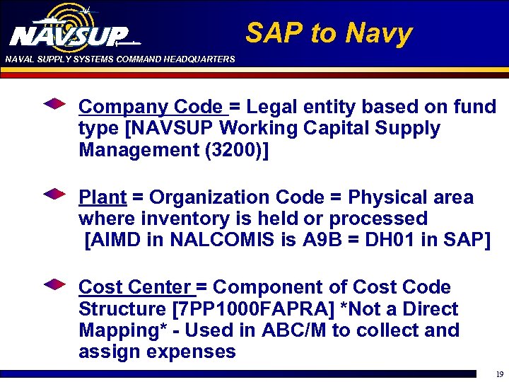 SAP to Navy NAVAL SUPPLY SYSTEMS COMMAND HEADQUARTERS Company Code = Legal entity based