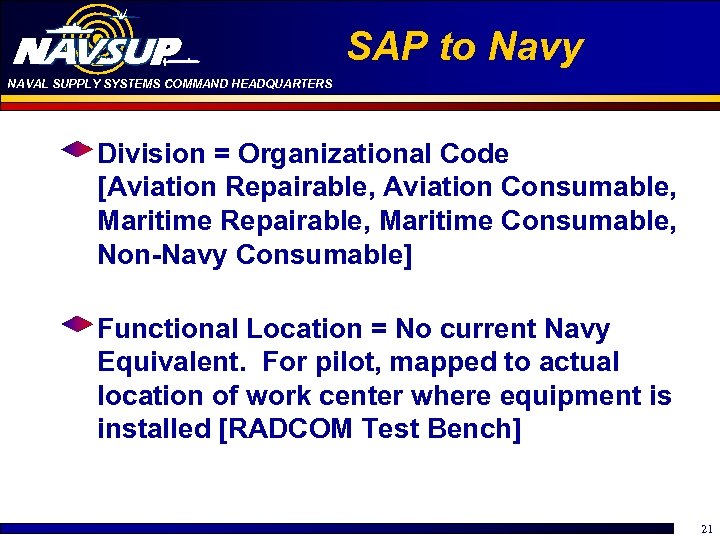 SAP to Navy NAVAL SUPPLY SYSTEMS COMMAND HEADQUARTERS Division = Organizational Code [Aviation Repairable,