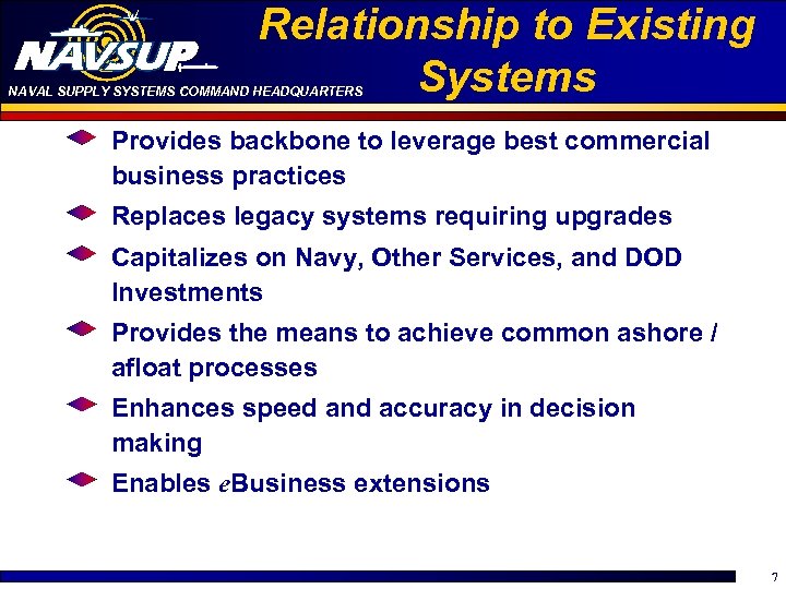 Relationship to Existing Systems NAVAL SUPPLY SYSTEMS COMMAND HEADQUARTERS Provides backbone to leverage best