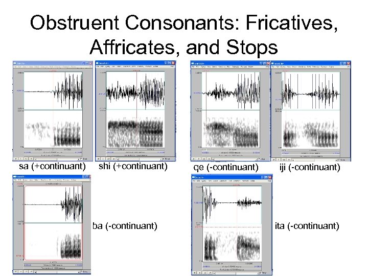 Obstruent Consonants: Fricatives, Affricates, and Stops sa (+continuant) shi (+continuant) ba (-continuant) qe (-continuant)