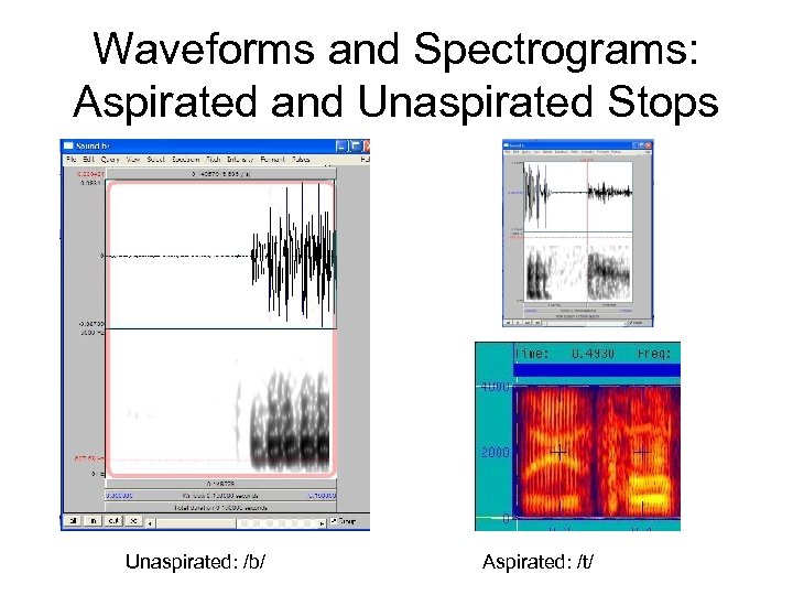 Waveforms and Spectrograms: Aspirated and Unaspirated Stops Unaspirated: /b/ Aspirated: /t/ 