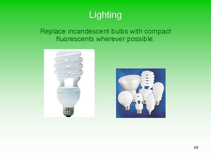 Lighting Replace incandescent bulbs with compact fluorescents wherever possible. 46 