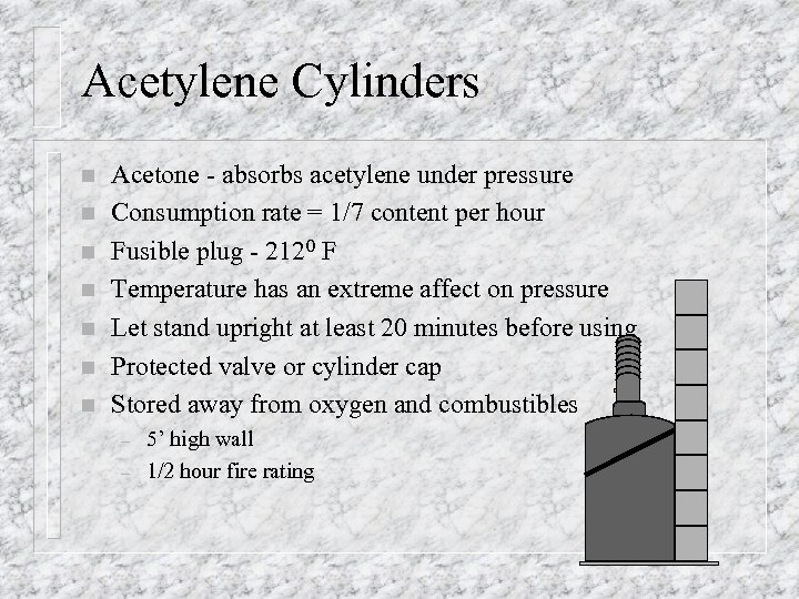 Acetylene Cylinders n n n n Acetone - absorbs acetylene under pressure Consumption rate