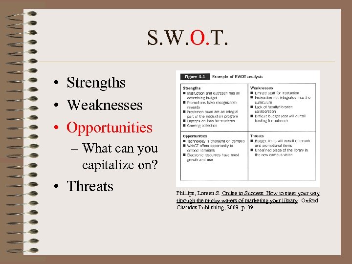 S. W. O. T. • Strengths • Weaknesses • Opportunities – What can you