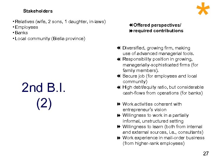 Stakeholders • Relatives (wife, 2 sons, 1 daughter, in-laws) • Employees • Banks •