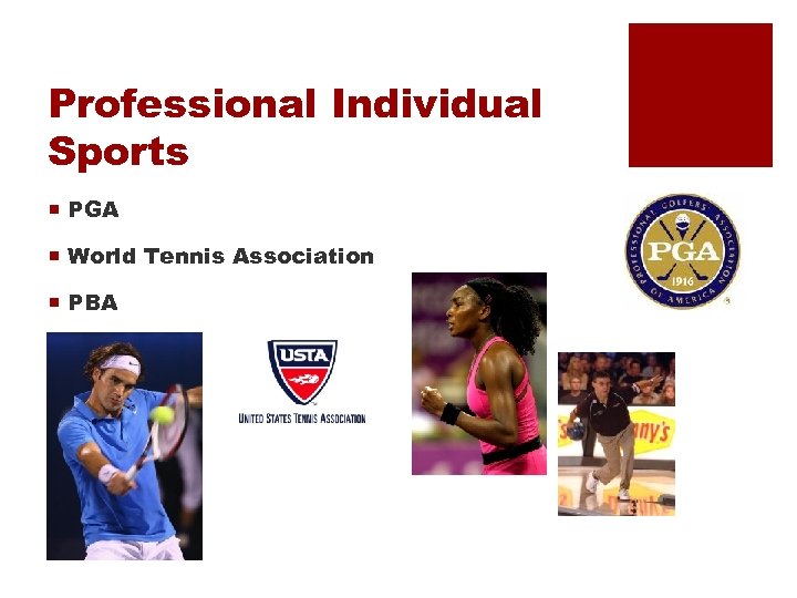 Professional Individual Sports ¡ PGA ¡ World Tennis Association ¡ PBA 
