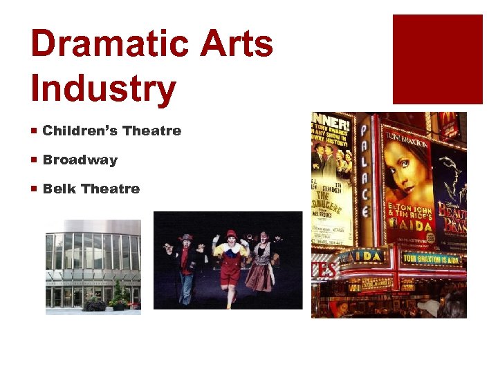 Dramatic Arts Industry ¡ Children’s Theatre ¡ Broadway ¡ Belk Theatre 