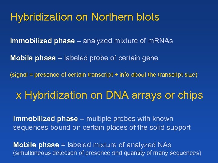Hybridization on Northern blots Immobilized phase – analyzed mixture of m. RNAs Mobile phase