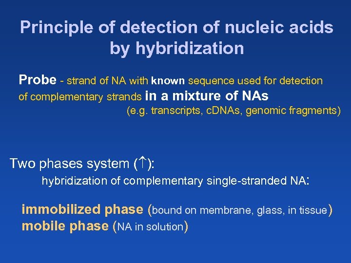 Principle of detection of nucleic acids by hybridization Probe - strand of NA with