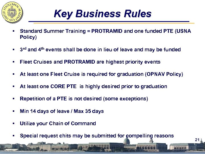 Key Business Rules § Standard Summer Training = PROTRAMID and one funded PTE (USNA