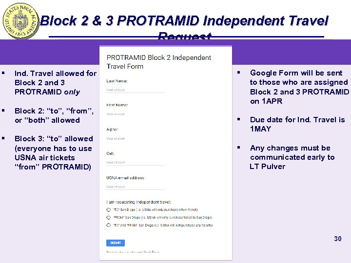 Block 2 & 3 PROTRAMID Independent Travel Request § Ind. Travel allowed for Block