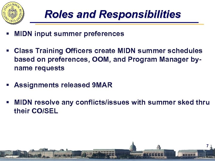 Roles and Responsibilities § MIDN input summer preferences § Class Training Officers create MIDN