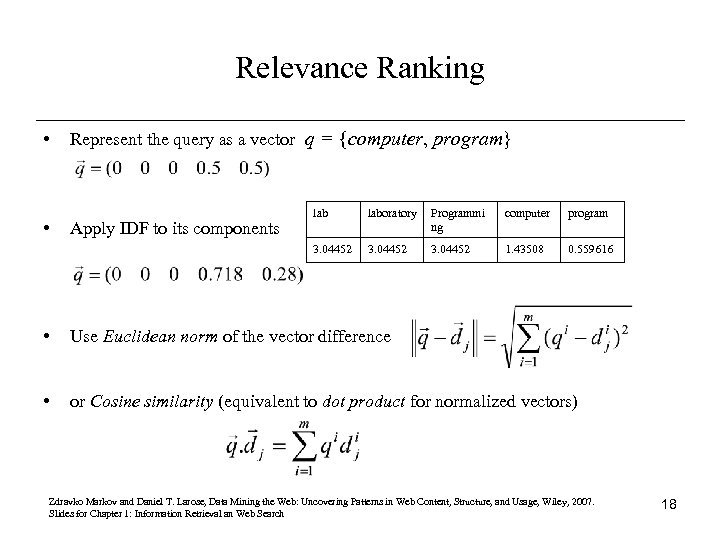 Relevance Ranking • Represent the query as a vector q = {computer, program} Apply