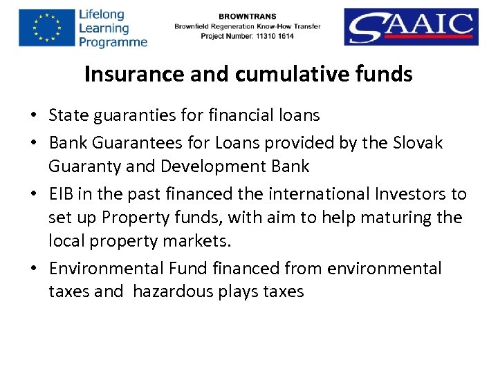 Insurance and cumulative funds • State guaranties for financial loans • Bank Guarantees for