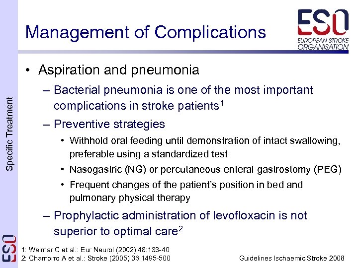 Management of Complications Specific Treatment • Aspiration and pneumonia – Bacterial pneumonia is one