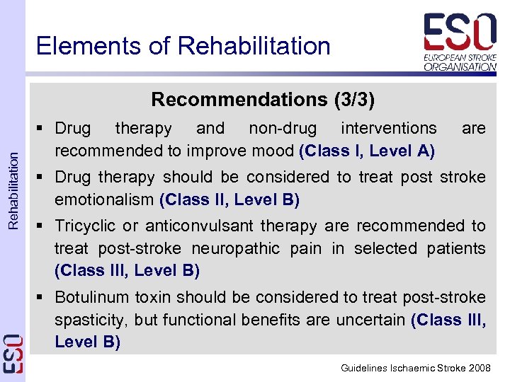 Elements of Rehabilitation Recommendations (3/3) § Drug therapy and non-drug interventions recommended to improve
