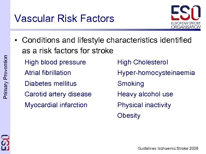 Vascular Risk Factors Primary Prevention • Conditions and lifestyle characteristics identified as a risk