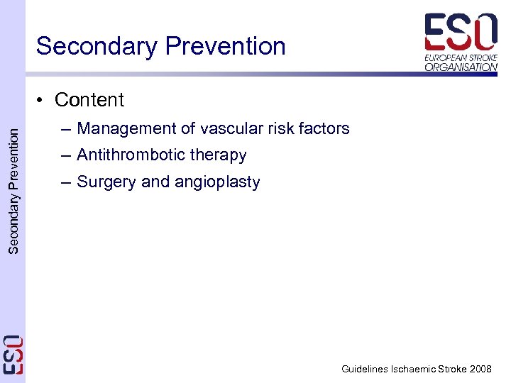 Secondary Prevention • Content – Management of vascular risk factors – Antithrombotic therapy –