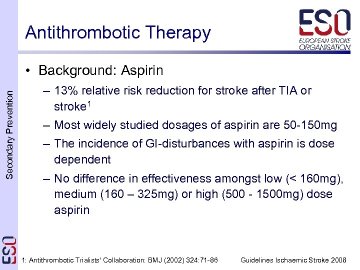 Antithrombotic Therapy Secondary Prevention • Background: Aspirin – 13% relative risk reduction for stroke