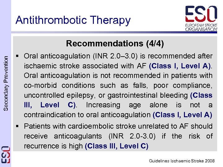 Antithrombotic Therapy Secondary Prevention Recommendations (4/4) § Oral anticoagulation (INR 2. 0– 3. 0)