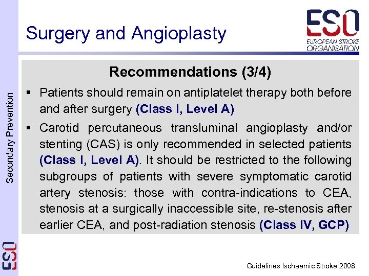 Surgery and Angioplasty Secondary Prevention Recommendations (3/4) § Patients should remain on antiplatelet therapy