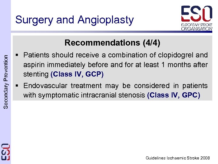 Surgery and Angioplasty Secondary Prevention Recommendations (4/4) § Patients should receive a combination of