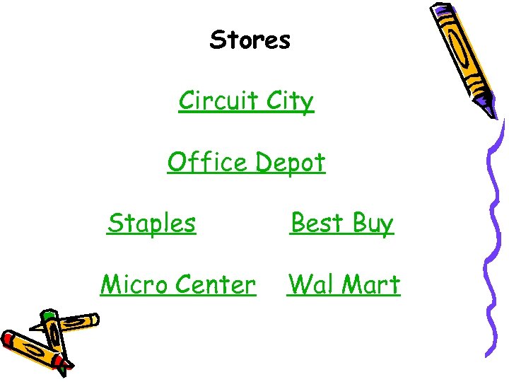 Stores Circuit City Office Depot Staples Best Buy Micro Center Wal Mart 